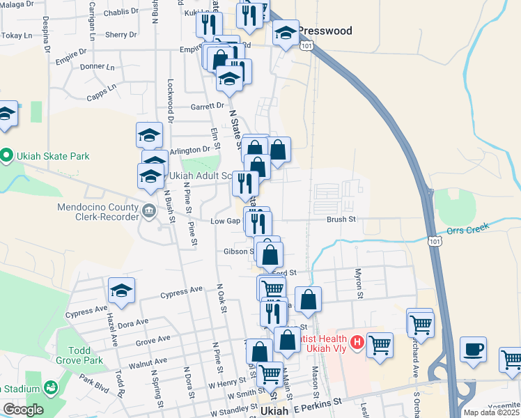 map of restaurants, bars, coffee shops, grocery stores, and more near 925 North State Street in Ukiah