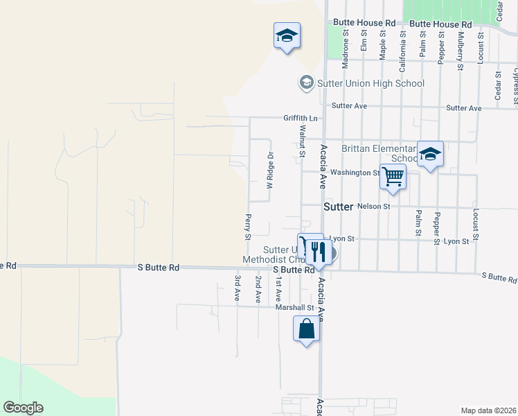 map of restaurants, bars, coffee shops, grocery stores, and more near 2259 Perry Street in Sutter