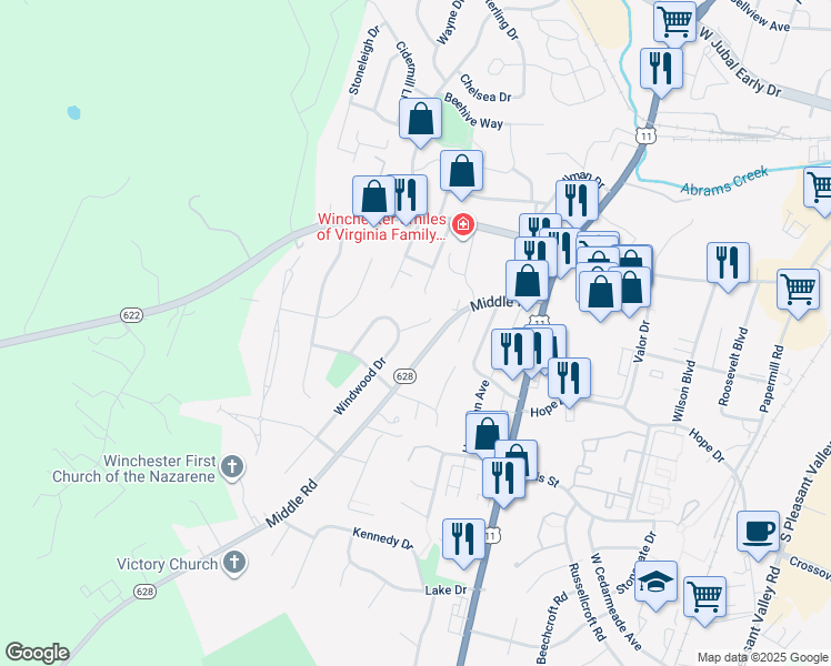 map of restaurants, bars, coffee shops, grocery stores, and more near 617 Bittersweet Court in Winchester