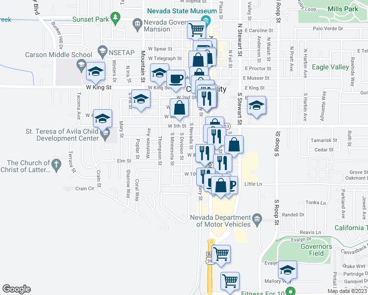 map of restaurants, bars, coffee shops, grocery stores, and more near 331 West 7th Street in Carson City