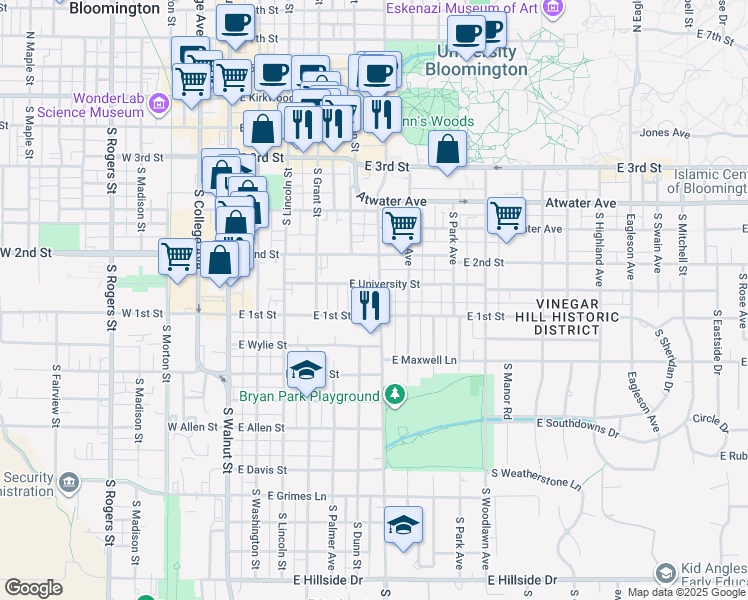 map of restaurants, bars, coffee shops, grocery stores, and more near 609 East University Street in Bloomington