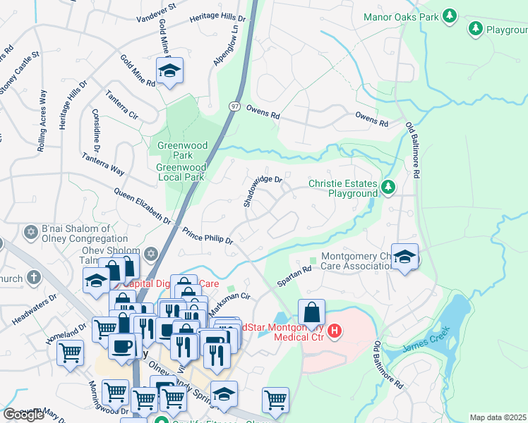 map of restaurants, bars, coffee shops, grocery stores, and more near 2900 Clovercrest Way in Olney