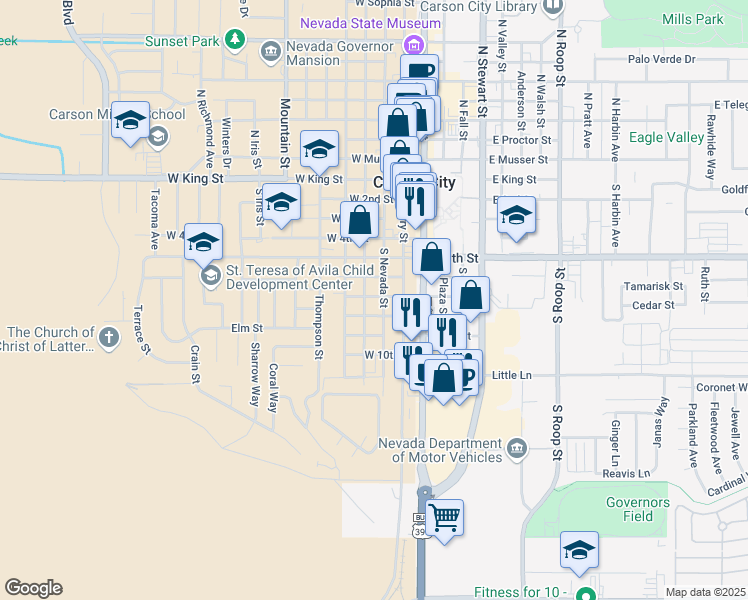 map of restaurants, bars, coffee shops, grocery stores, and more near 317 West 7th Street in Carson City