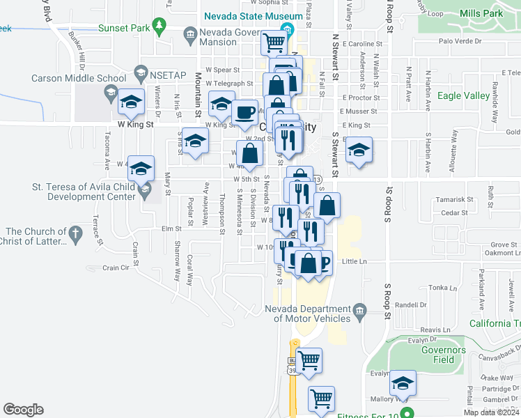map of restaurants, bars, coffee shops, grocery stores, and more near 311 West 7th Street in Carson City