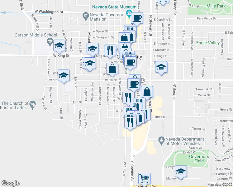 map of restaurants, bars, coffee shops, grocery stores, and more near 321 West 7th Street in Carson City