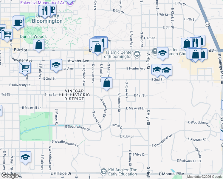 map of restaurants, bars, coffee shops, grocery stores, and more near 615 South Mitchell Street in Bloomington