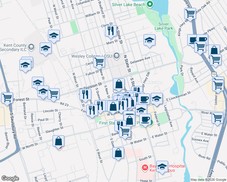 map of restaurants, bars, coffee shops, grocery stores, and more near 17 U.S. 13 Alternate in Dover