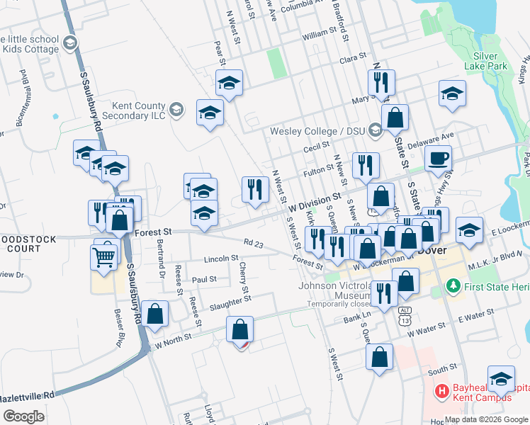 map of restaurants, bars, coffee shops, grocery stores, and more near 602 Fulton Street in Dover