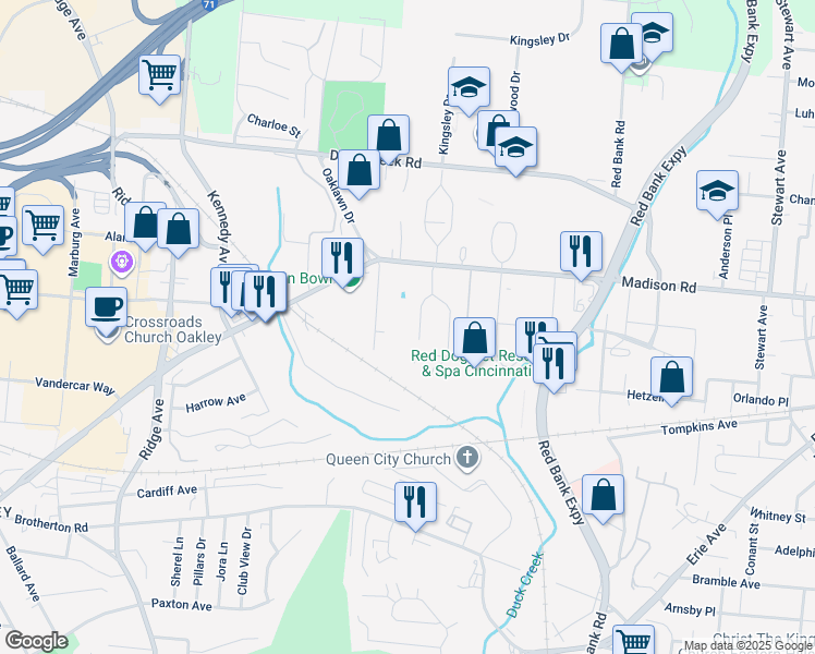 map of restaurants, bars, coffee shops, grocery stores, and more near 4959 Kelsch Lane in Cincinnati