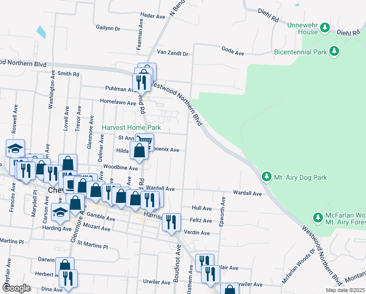 map of restaurants, bars, coffee shops, grocery stores, and more near 3309 Augusta Avenue in Cincinnati