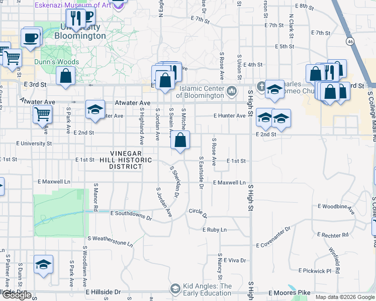 map of restaurants, bars, coffee shops, grocery stores, and more near 615 South Mitchell Street in Bloomington