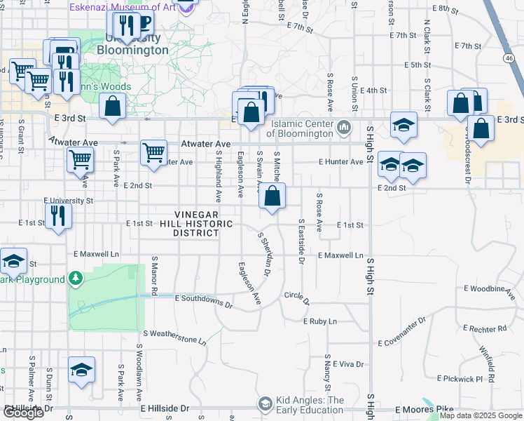 map of restaurants, bars, coffee shops, grocery stores, and more near 616 South Swain Avenue in Bloomington