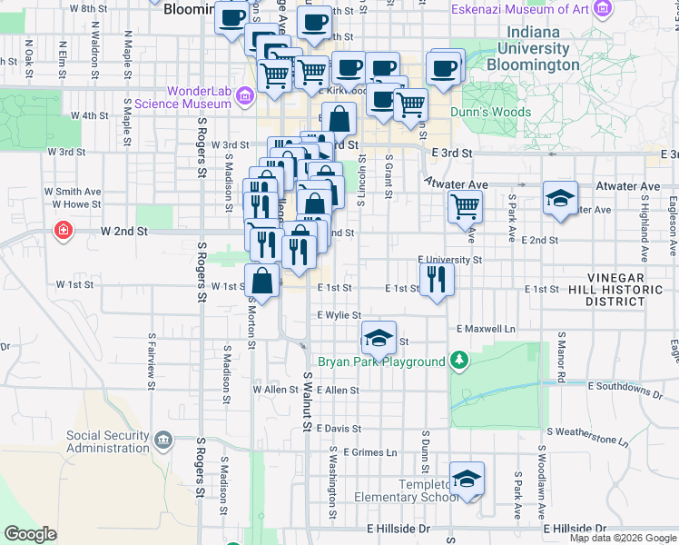map of restaurants, bars, coffee shops, grocery stores, and more near 527 South Washington Street in Bloomington