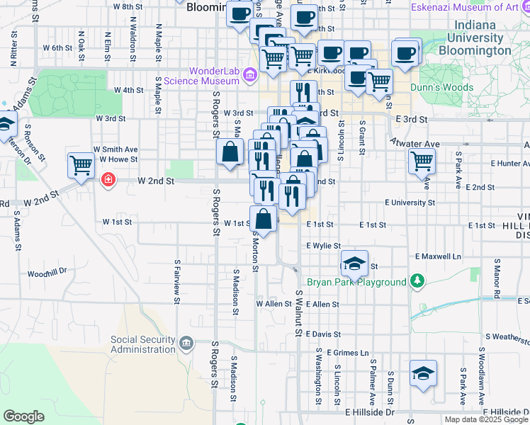 map of restaurants, bars, coffee shops, grocery stores, and more near 528 South College Avenue in Bloomington
