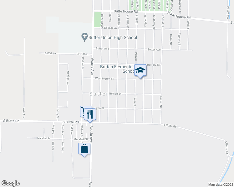 map of restaurants, bars, coffee shops, grocery stores, and more near Maple Street & Nelson Street in Sutter