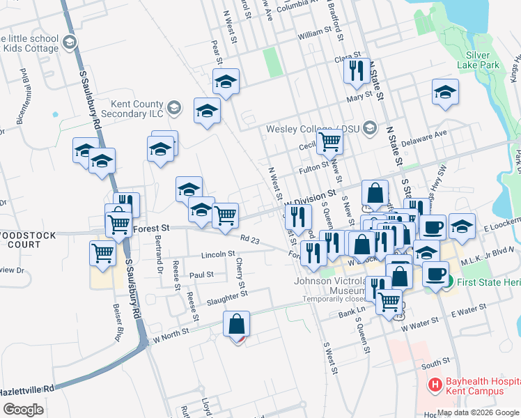map of restaurants, bars, coffee shops, grocery stores, and more near 602 Fulton Street in Dover