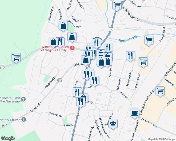 map of restaurants, bars, coffee shops, grocery stores, and more near Valley Avenue in Winchester