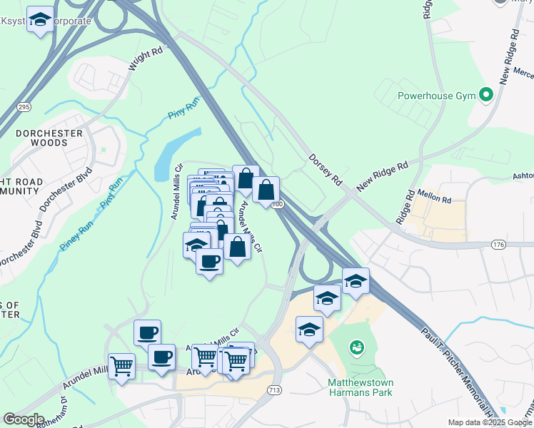map of restaurants, bars, coffee shops, grocery stores, and more near 7021 Arundel Mills Circle in Hanover
