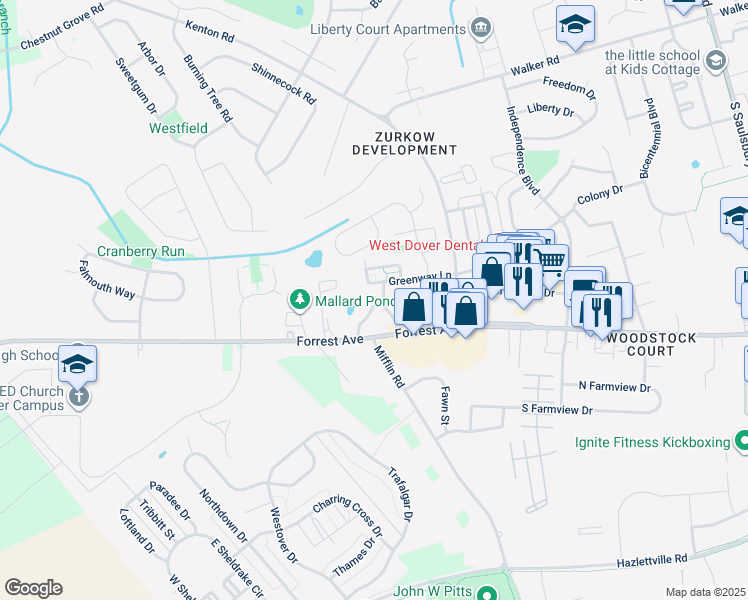 map of restaurants, bars, coffee shops, grocery stores, and more near 36 Courtside Drive in Dover