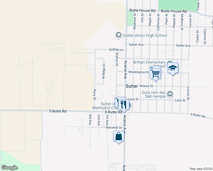 map of restaurants, bars, coffee shops, grocery stores, and more near 2238-2264 West Ridge Drive in Sutter