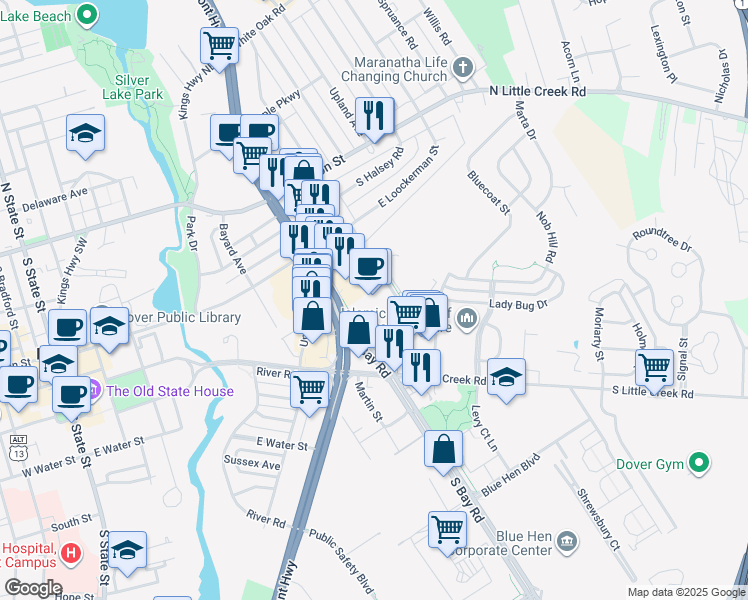 map of restaurants, bars, coffee shops, grocery stores, and more near 148 John Hunn Brown Road in Dover