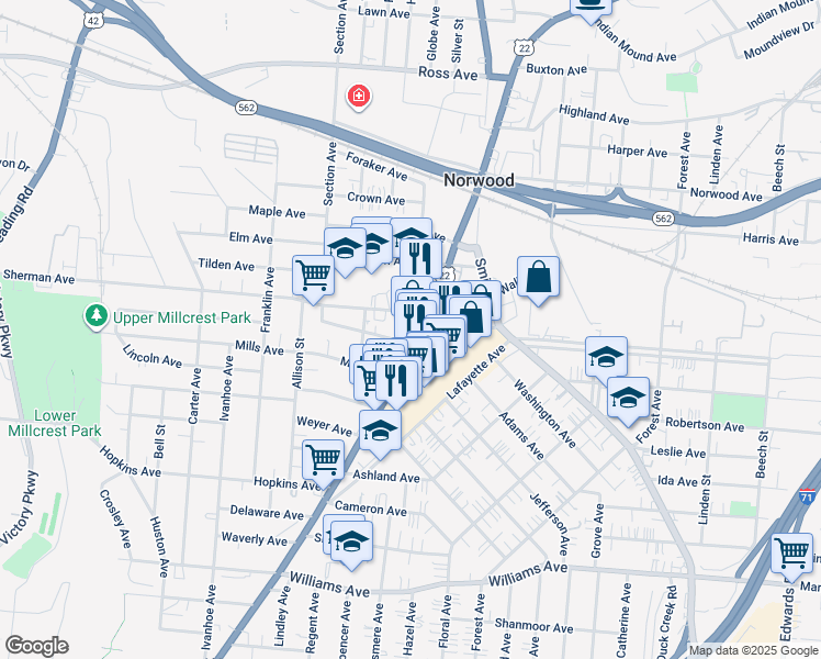 map of restaurants, bars, coffee shops, grocery stores, and more near 2087 Sherman Avenue in Norwood