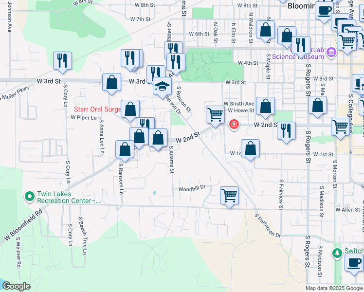 map of restaurants, bars, coffee shops, grocery stores, and more near 1210 West 2nd Street in Bloomington