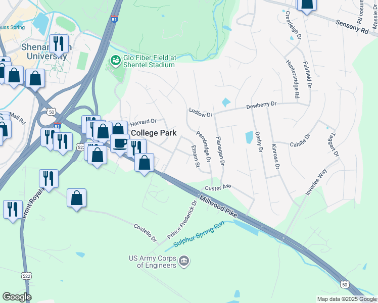 map of restaurants, bars, coffee shops, grocery stores, and more near 104 Etnam Street in Winchester