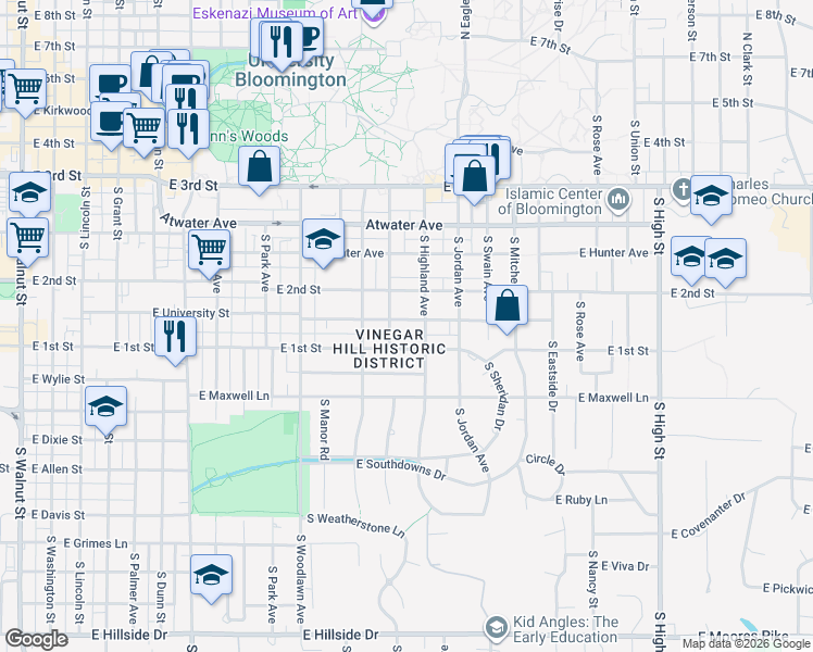 map of restaurants, bars, coffee shops, grocery stores, and more near 1209 East University Street in Bloomington
