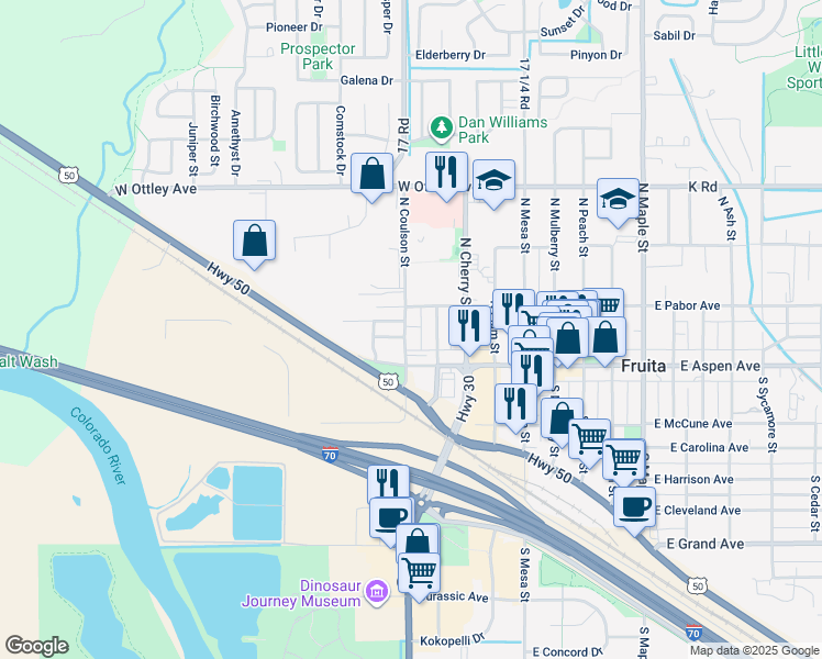 map of restaurants, bars, coffee shops, grocery stores, and more near 436 West Pabor Avenue in Fruita