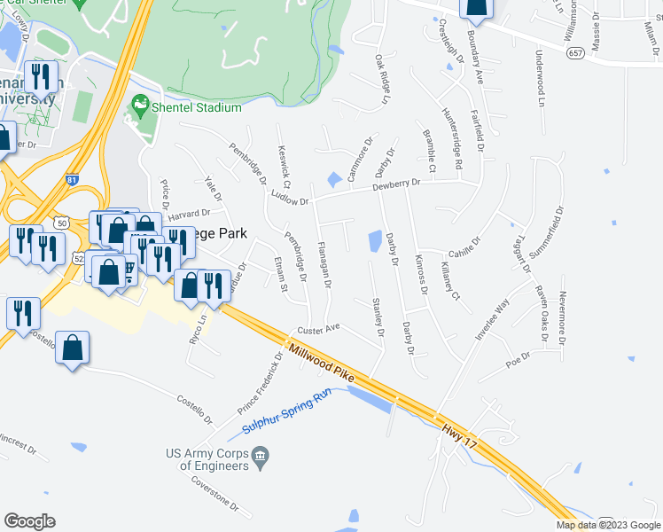 map of restaurants, bars, coffee shops, grocery stores, and more near 208 Flanagan Drive in Winchester