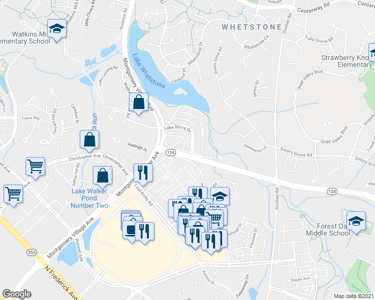 map of restaurants, bars, coffee shops, grocery stores, and more near 9705 Docena Drive in Gaithersburg