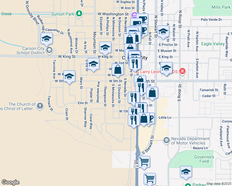 map of restaurants, bars, coffee shops, grocery stores, and more near in Carson City