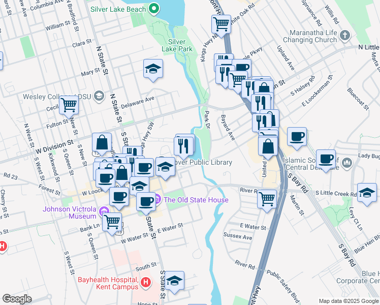 map of restaurants, bars, coffee shops, grocery stores, and more near in Dover