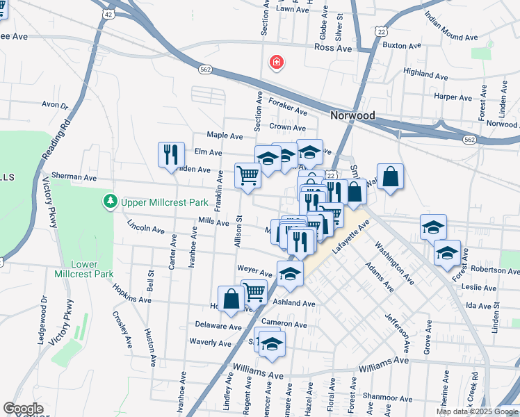 map of restaurants, bars, coffee shops, grocery stores, and more near in Cincinnati