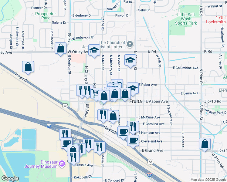 map of restaurants, bars, coffee shops, grocery stores, and more near 206-298 East Pabor Avenue in Fruita