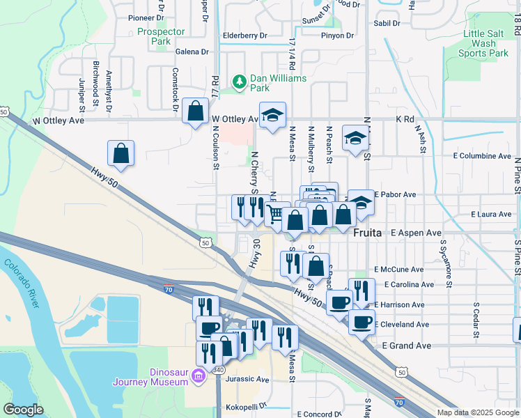 map of restaurants, bars, coffee shops, grocery stores, and more near 157-199 North Plum Street in Fruita