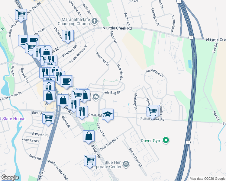 map of restaurants, bars, coffee shops, grocery stores, and more near 228 Nob Hill Road in Dover