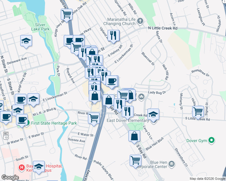map of restaurants, bars, coffee shops, grocery stores, and more near 245 South Dupont Highway in Dover