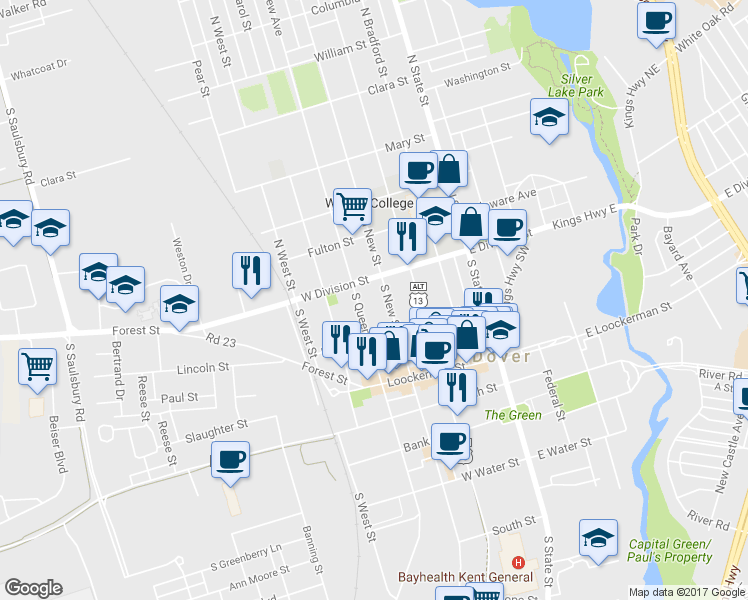 map of restaurants, bars, coffee shops, grocery stores, and more near 8 South New Street in Dover