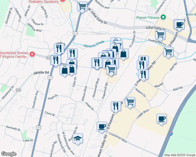 map of restaurants, bars, coffee shops, grocery stores, and more near 2220 Roosevelt Boulevard in Winchester