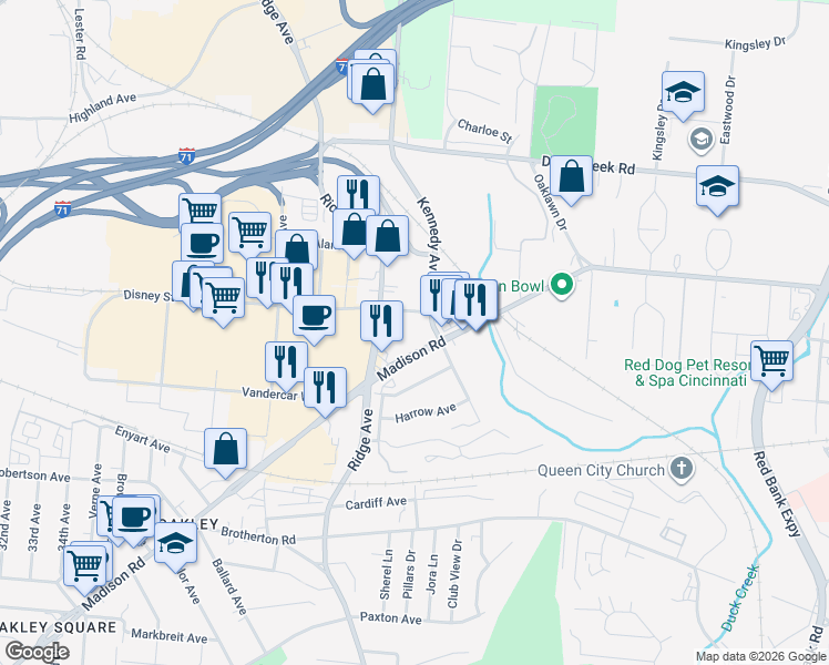 map of restaurants, bars, coffee shops, grocery stores, and more near 3521 Ibsen Avenue in Cincinnati