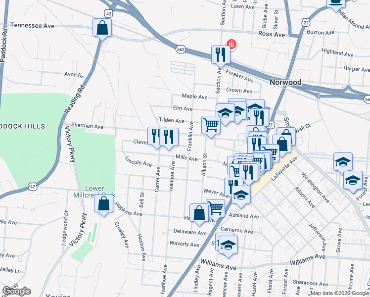 map of restaurants, bars, coffee shops, grocery stores, and more near 1836 Cleveland Avenue in Cincinnati
