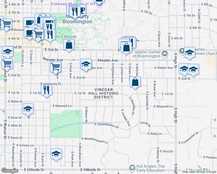 map of restaurants, bars, coffee shops, grocery stores, and more near 1209 East University Street in Bloomington