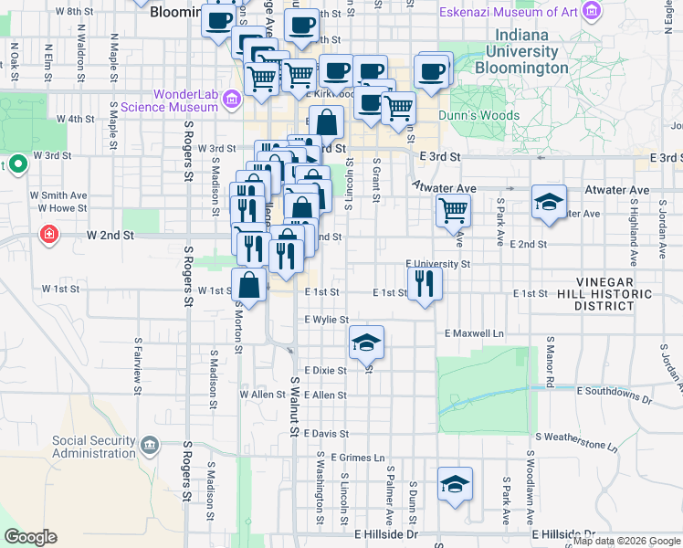 map of restaurants, bars, coffee shops, grocery stores, and more near 527 South Washington Street in Bloomington