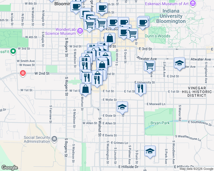 map of restaurants, bars, coffee shops, grocery stores, and more near 527 South Washington Street in Bloomington
