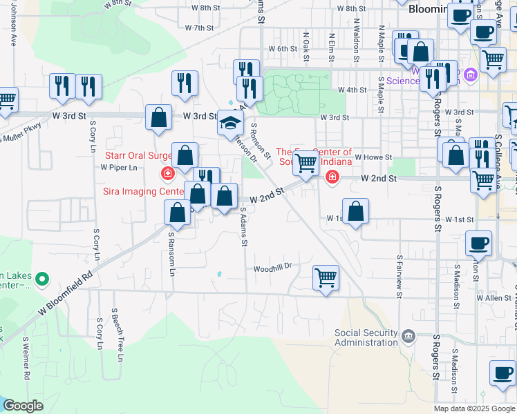 map of restaurants, bars, coffee shops, grocery stores, and more near 1210 West 2nd Street in Bloomington