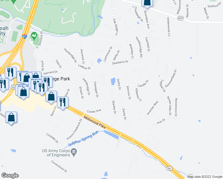 map of restaurants, bars, coffee shops, grocery stores, and more near 218 Stanley Drive in Winchester