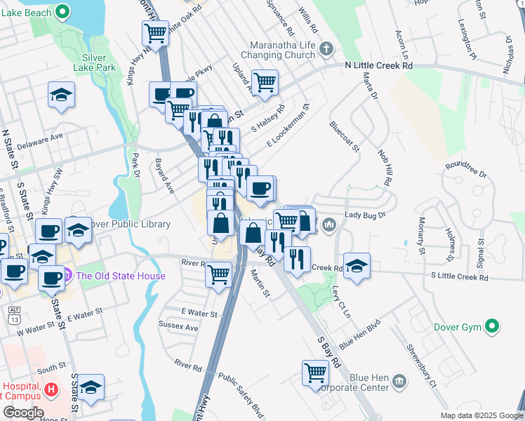 map of restaurants, bars, coffee shops, grocery stores, and more near 148 John Hunn Brown Road in Dover