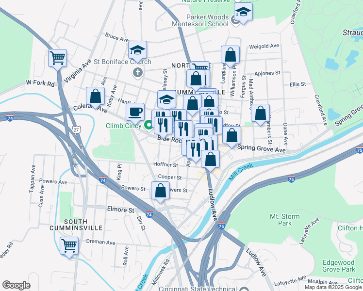 map of restaurants, bars, coffee shops, grocery stores, and more near in Cincinnati